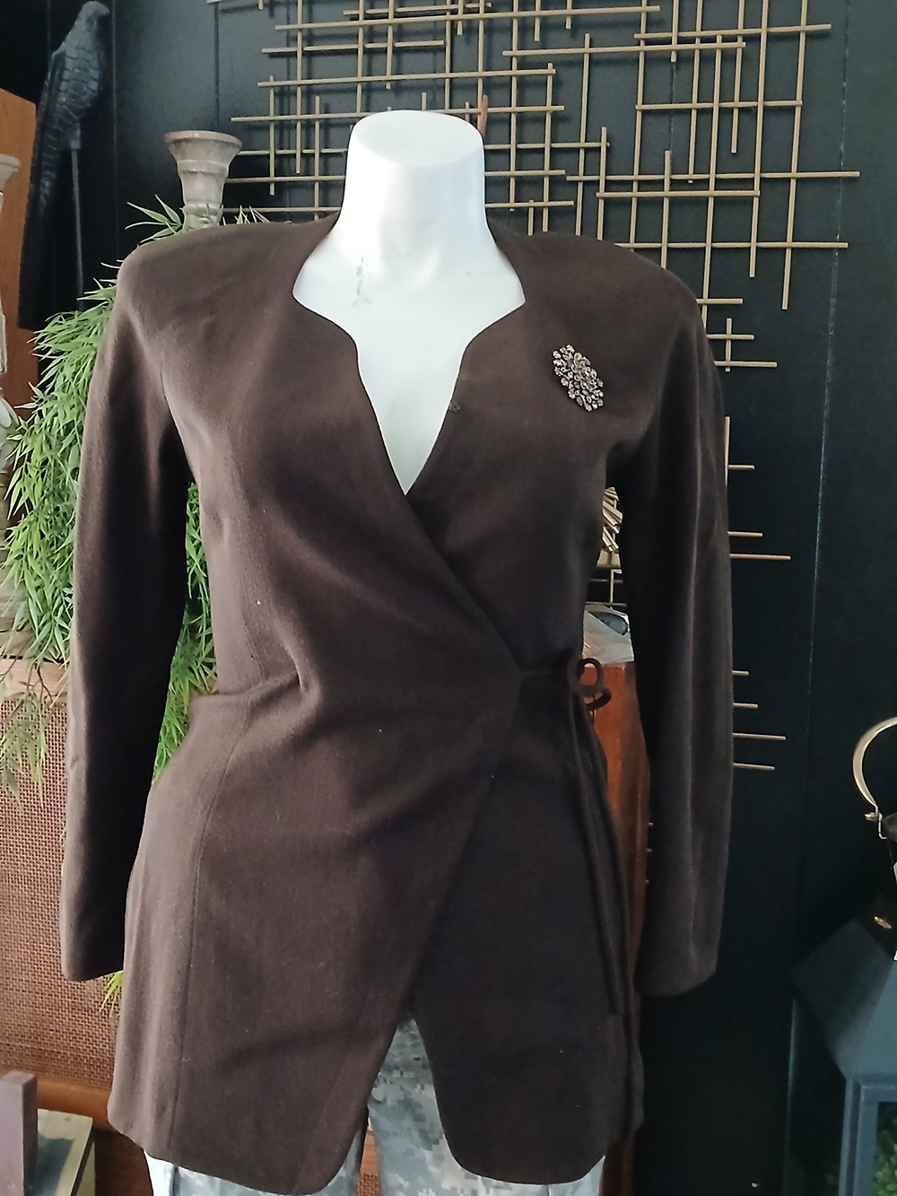 Tahari Dark Brown Wrap-Front Blazer with Brooch Accent